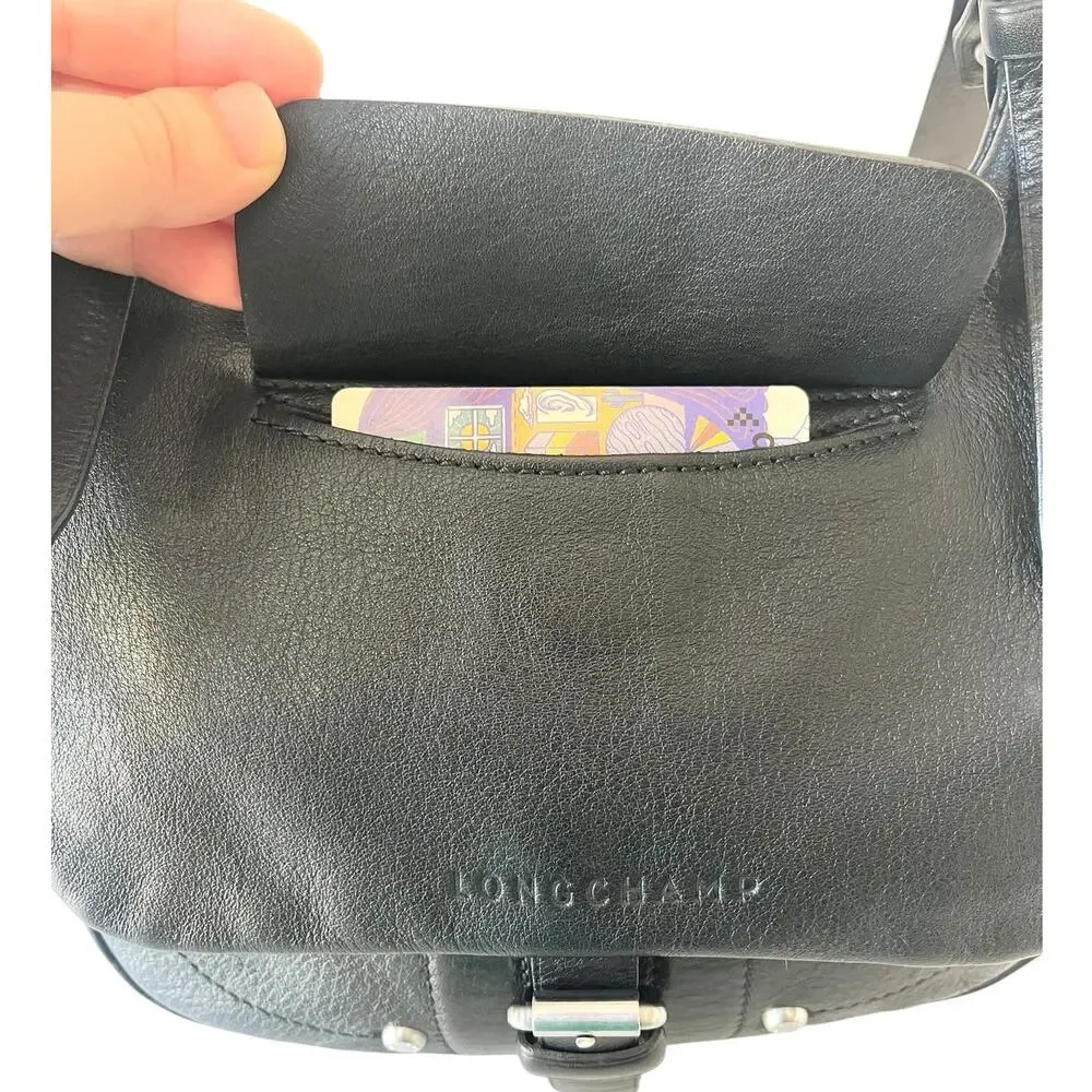 Longchamp Balzane Black Leather Hobo Crossbody Bag Saddle Buckle Messenger